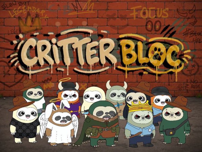 An illustration featuring cartoon sloth characters in various costumes and hats posing in front of a graffiti-covered brick wall with the text 'CRITTER BLOC'.