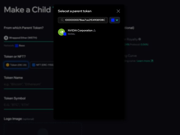 A screenshot of a token creation interface showing a 'Select a parent token' dialog with NVIDIA Corporation (NVDAC) selected as the parent token on the Base network.