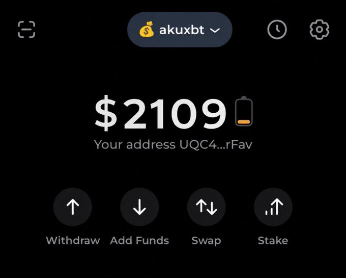 A screenshot of a cryptocurrency wallet displaying a balance of $2109 for the account "akuxbt" with the address "UQC4...rFav," showing options to Withdraw, Add Funds, Swap, and Stake. The image illustrates the user's Toncoin holdings in their wallet, visually supporting their post about being down 42% on their TON investment.