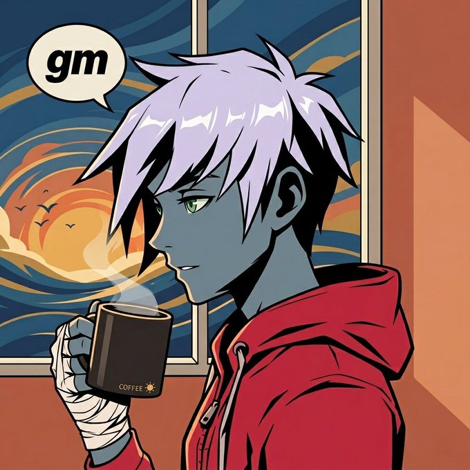 Anime-style illustration of a character with spiky white/lavender hair and a red hoodie drinking from a coffee mug, with a speech bubble saying 'gm' against a sunset window background.
