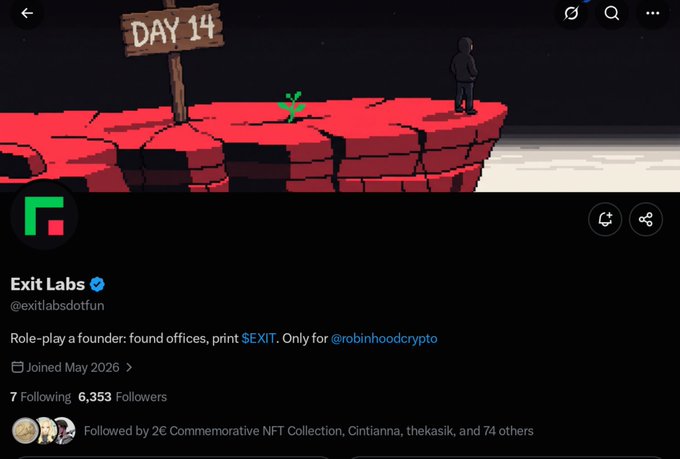 Screenshot of an X/Twitter profile for 'Exit Labs' (@exitlabsdotfun) with a pixel-art header showing 'DAY 14' on a red cliff, bio reading 'Role-play a founder: found offices, print $EXIT. Only for @robinhoodcrypto', 7 Following and 6,353 Followers.