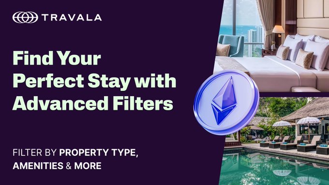 A promotional banner for 'TRAVALA' featuring the text 'Find Your Perfect Stay with Advanced Filters - FILTER BY PROPERTY TYPE, AMENITIES & MORE', with a hotel room and resort pool imagery alongside an Ethereum logo.