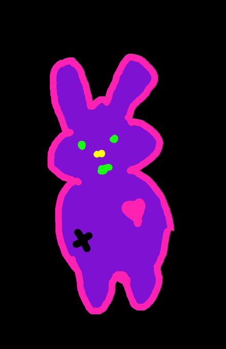 A digital drawing of a purple bunny-like figure with a pink outline, featuring green eyes, a small yellow nose, a pink heart on its chest, and a black 'X' mark on its lower left side.
