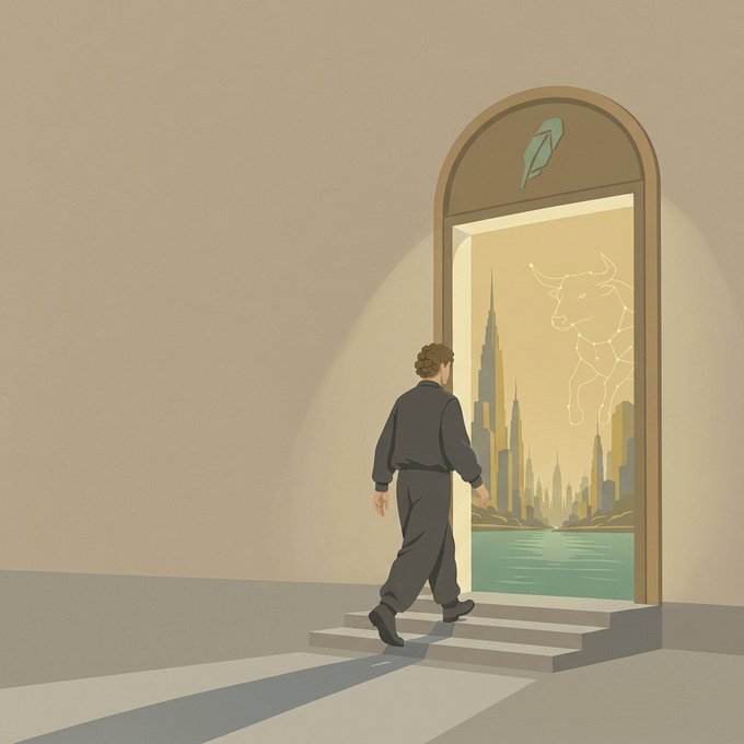 A bearded man in dark clothing steps through an ornate arched doorway, leaving a barren beige room and entering a vibrant new world featuring a futuristic cityscape and a glowing constellation-style bull. The bull symbol and bright horizon visually represent the move to "Robinhood Chain," while the doorway symbolizes the migration from Ethereum to this new home.