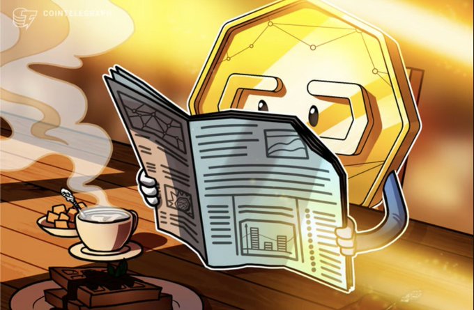 An animated golden hexagonal coin character sits at a wooden table reading a newspaper, with steaming coffee and biscuits beside it, beneath the "Cointelegraph" logo. The image illustrates the post's theme of catching up on daily news, with the coin mascot representing crypto enthusiasts reviewing top headlines.