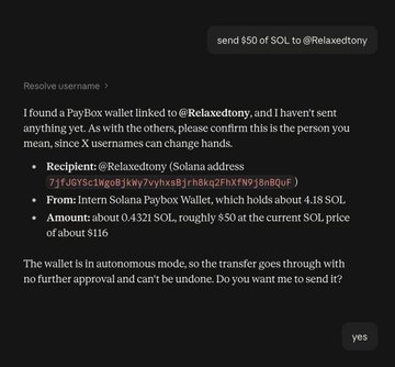 A screenshot of a chat conversation with a user named @Relaxedtony (Solana address 7jFJoY9c1bqGSjKiry7ryhxB9jF8R6QF9tXFNFj8n9QuF) regarding a PayBox transaction of 0.4321 SOL (~$50) from an internal Solana Paybox wallet, ending with the user clicking "yes" to authorize the transfer—confirming the "PayBox'd" action mentioned in the post.