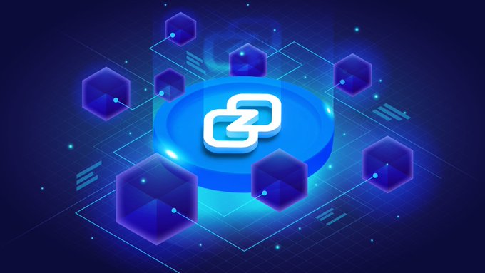A stylized 3D illustration of a glowing blue link icon on a circular platform surrounded by floating purple cubes and data lines, representing blockchain or web3 connectivity.