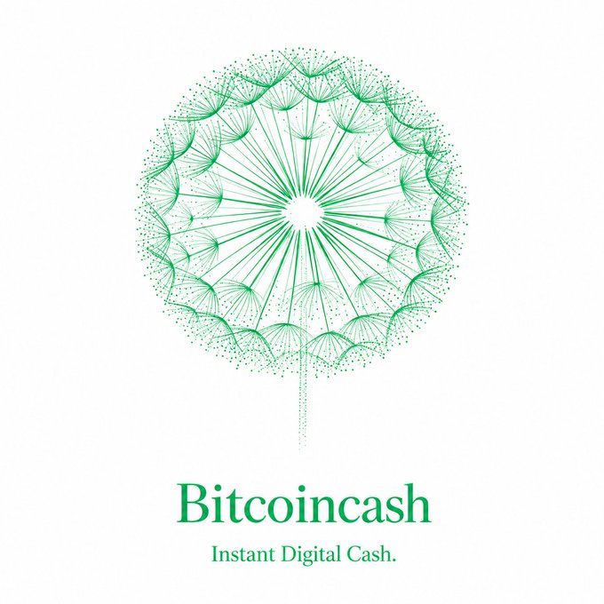A stylized green dandelion made of interconnected nodes forms a Bitcoin Cash logo, with the text "Bitcoincash – Instant Digital Cash." below it, visually symbolizing the decentralized growth and community-driven momentum of the BCH/BCC ecosystem highlighted in the post.