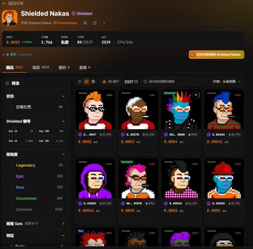 A screenshot of the 'Shielded Nakas' NFT collection page, displaying various pixelated character avatars with rarity tags like Legendary, Epic, and Rare, along with price and ownership statistics.