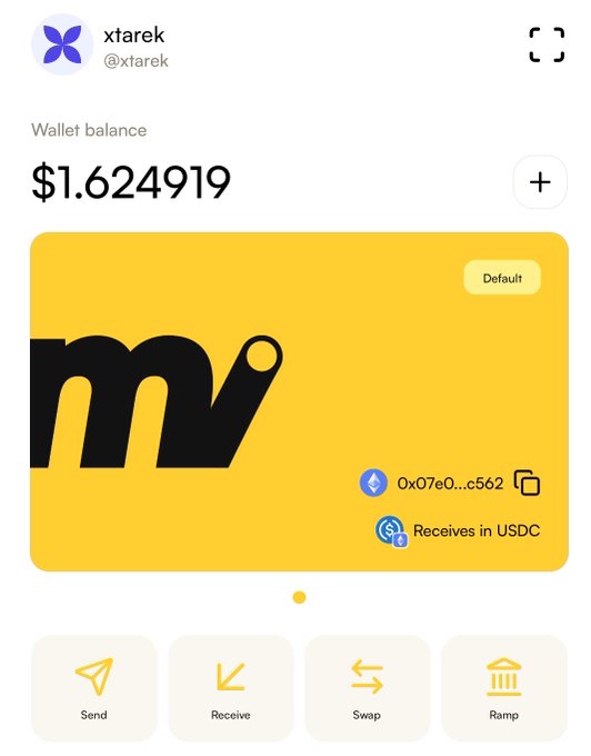 Screenshot of a crypto wallet app called 'xtarek' showing a wallet balance of $1.624919 with a yellow USDC card addressed to 0x07e0...c562 and options to Send, Receive, Swap, and Ramp.