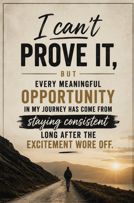 The image features a man walking down a road with mountains in the background. The text "I can't prove it, but every meaningful opportunity in my journey has come from staying consistent long after the excitement wore off." This quote seems to be related to the concept of consistency and perseverance in achieving goals or overcoming challenges.