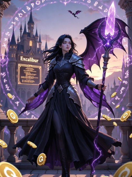 The image features a woman dressed as a medieval princess or queen standing in front of a castle, holding a staff that has purple flames burning at its end. The background includes a castle with a sign reading "EXCALIBUR" above it, surrounded by numerous coins scattered around her. The post also mentions the existence of dragons and the @wallchain leaderboard.