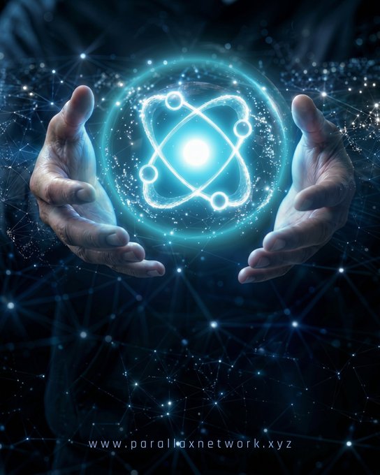 Two hands cradle a glowing blue atom-like sphere surrounded by a constellation of interconnected nodes and lines, symbolizing the fusion of advanced technology and human accessibility. The text "www.parallaxnetwork.xyz" appears at the bottom, tying the visual representation of decentralized energy to the post's message about making blockchain inclusive and trustworthy for everyone.