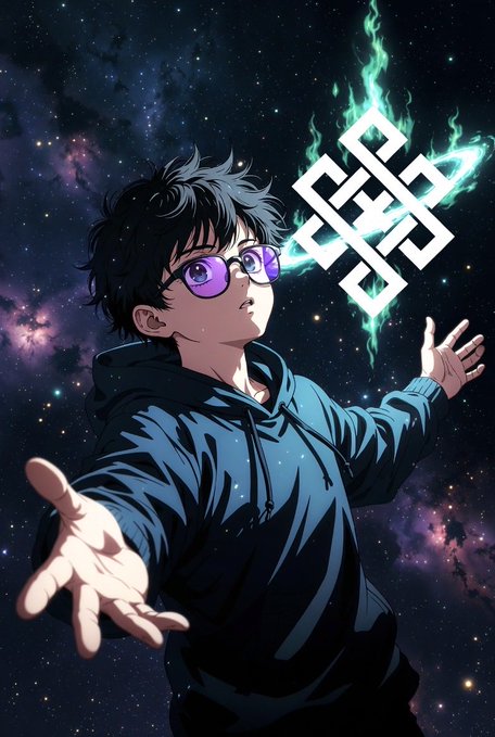 An anime-style illustration of a young boy with dark hair and purple glasses, wearing a blue hoodie, casting a glowing green mystical symbol against a starry cosmic background.