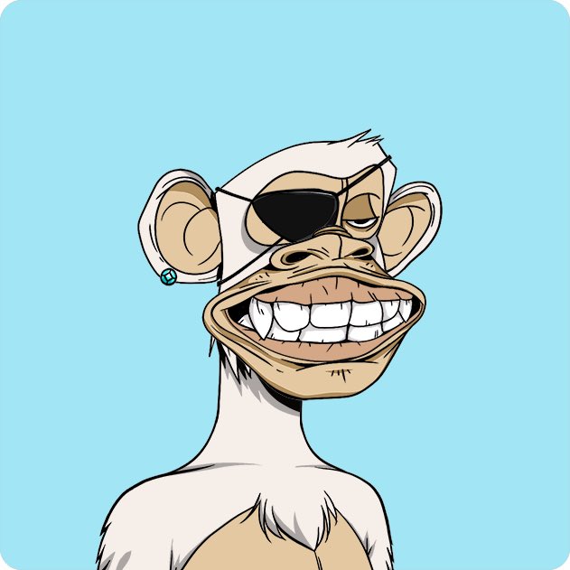 A cartoon illustration of a white monkey or ape with an eyepatch and a wide, toothy grin against a solid light blue background.