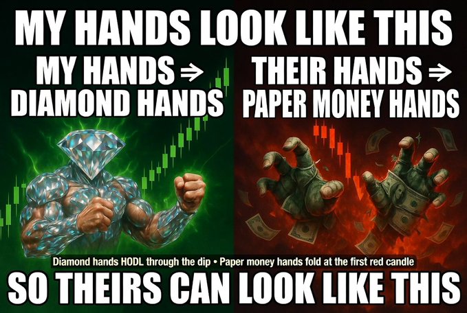 The image features a cartoon depiction of two hands, one with diamond hands and another with paper money hands. These hands are positioned as if they're fighting each other, symbolizing the ongoing battle between digital currency (paper money) and traditional currency (diamonds). The caption below the image reads "My hands look like this", indicating that the person's hands represent a comparison to the two types of currency being discussed in the post.