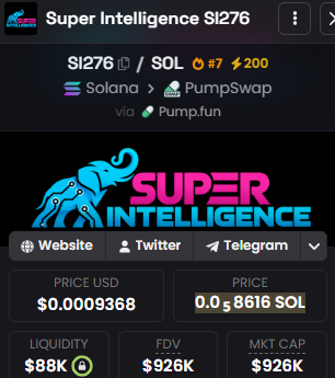 Mobile app screenshot showing cryptocurrency token details for 'Super Intelligence SI276' on Solana via PumpSwap and Pump.fun, priced at $0.0009368 with a $926K market cap.