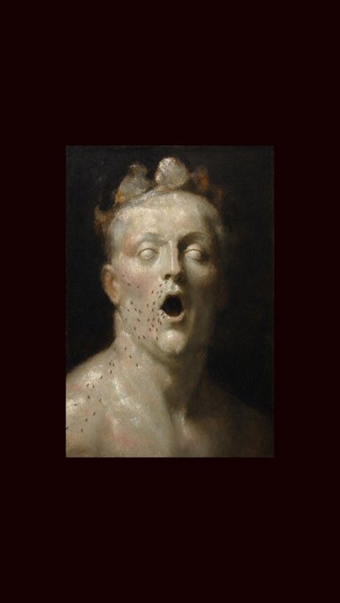 A classical-style oil painting depicting a pale figure with an open mouth and markings on their face and chest against a dark background.