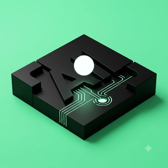 A 3D-rendered black square chip or logo with a white circle and illuminated circuit lines, set against a solid mint green background.