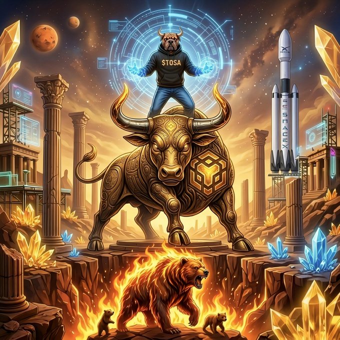 A fantasy digital artwork depicting a person wearing a 'STOSA' hoodie and bull mask standing on a golden bull, with a rocket labeled 'SPACEX' and a fiery bear below.