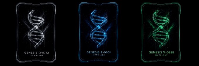 Three stylized DNA helix cards displayed in silver, blue, and green, each labeled with different "Genesis" identifiers—GENESIS 0-0742 (X9K4-7B1), GENESIS X-0001 (KT9V-4D2), and GENESIS ▽-0888 (M4T2-9X7)—representing the digital collectible NFT prizes being given away to celebrate reaching 500 followers.