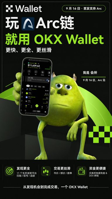 An OKX Wallet promotional poster features a green Pixar-style monster holding a smartphone displaying the wallet app with a balance of $11,439.62, advertising "玩Arc链就用OKX Wallet" (Use OKX Wallet for Arc Chain) with a September 16 launch date supporting Arc.

The image humorously contrasts with the caption's theme of laziness by showcasing OKX Wallet as a polished, fully-featured solution—implying that even without the user's suggested improvements, the wallet already offers fast, comprehensive, and smooth on-chain and contract trading experiences that speak for themselves.