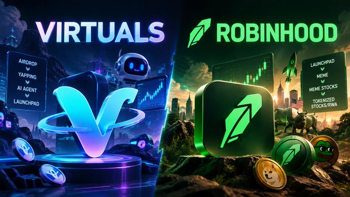 A promotional comparison image pitting 'VIRTUALS' against 'ROBINHOOD.' The left side highlights Virtuals features like 'AIRDROP, YAPPING, AI AGENT, LAUNCHPAD' with a blue robotic theme, while the right side features Robinhood with 'LAUNCHPAD, MEME, MEME STOCKS, TOKENIZED STOCKS/RWA' alongside a green rocket logo and a bull statue.