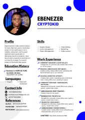 A resume/CV for Ebenezer CryptoKid showing profile photo, skills, work experience, education history, and languages.
