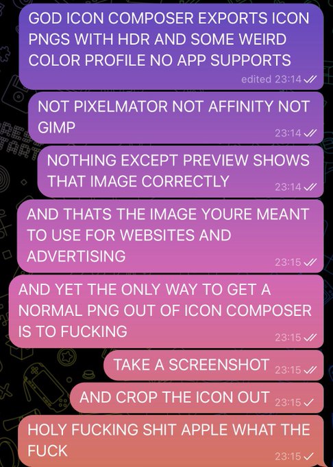 A screenshot of a Telegram chat showing a frustrated user ranting about Apple's Icon Composer exporting PNGs with HDR and incompatible color profiles, forcing them to take a screenshot and crop the icon to use it for websites and advertising.
