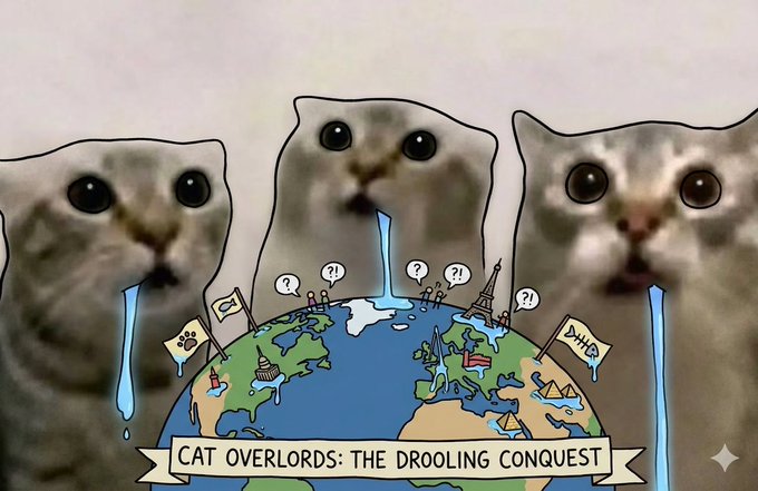 The image features three cats with their tongues hanging out, each drinking water from a globe. The caption below the image reads "Cat Overlords: The Drooling Conquest", suggesting that this scene might be related to a humorous or satirical message about cats being portrayed as drooling creatures in a world where they are considered overlord-like figures.

The post also includes an image of a cat with its tongue out, which adds to the overall theme and humor of the post. The caption "soon everyone gonna talk about that they missed the drooling cat iykyk train leaving soon" implies that this image might be part of a series or trend related to cats being portrayed as overlord-like figures in popular culture.

The use of water dripping from the globe adds an element of whimsy and humor, making it clear that the post is meant to be lighthearted and entertaining rather than informative or serious.