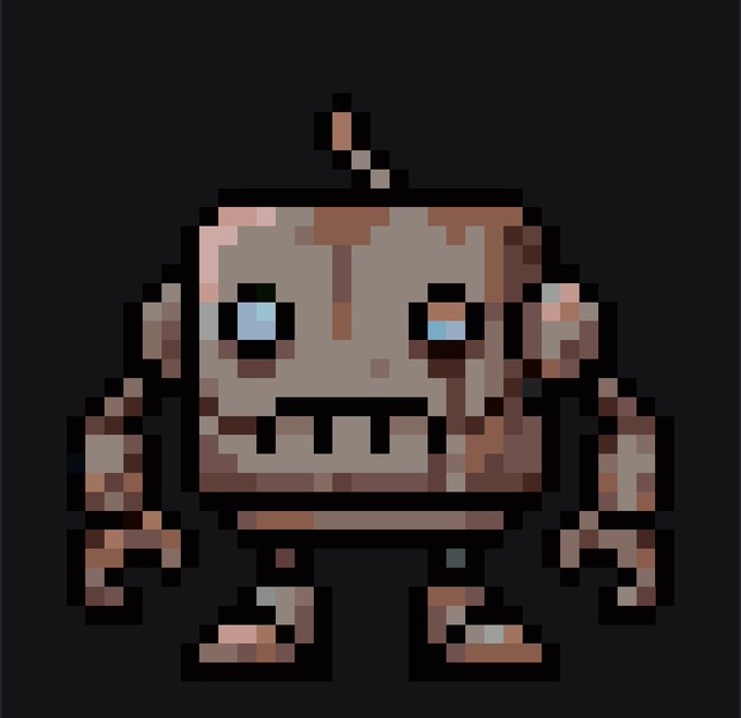 A pixel art illustration of a small zombie-like character with a square head, exposed brain, blue eyes, and tattered brown clothing against a dark background.