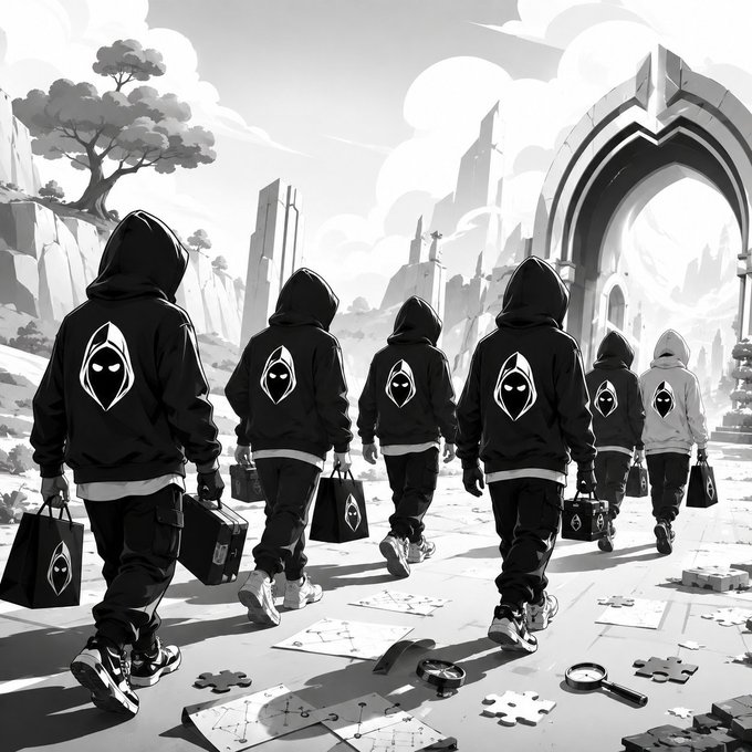 A black-and-white illustration shows a group of hooded figures walking away toward a large arched gateway, each carrying briefcases marked with a hooded emblem, while puzzle pieces and maps are scattered on the ground around them. The scene visually echoes the post's message of "Hood Hunters" who have completed a challenge and are moving forward together, hinting at the next mystery waiting in the HOOD.