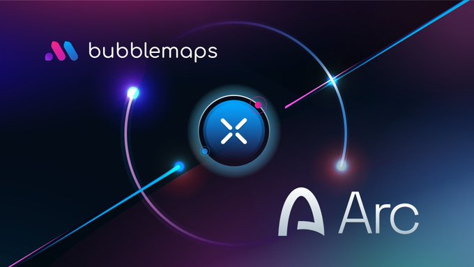 The image features the Bubblemap and Arc logos against a dark cosmic background with glowing neon orbs and curved light trails, visually announcing the integration of Bubblemaps' on-chain analytics with the Arc network. The text "bubblemaps" appears in the top left and "Arc" in the bottom right, symbolizing a partnership launch as referenced in the post about Bubblemaps going live on Arc Day One.