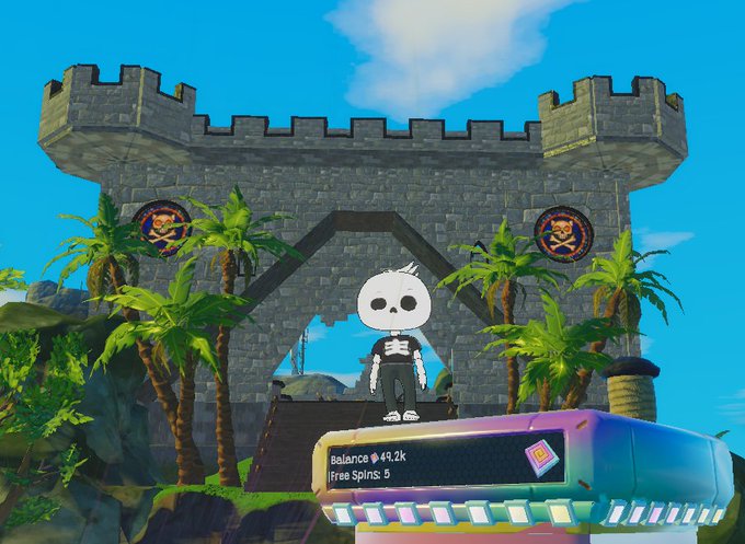 A skeleton character stands in front of a stone castle entrance with palm trees, displaying a balance of ₿41.2k and 5 free spins.