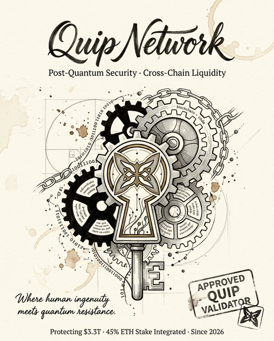 A stylized illustration for **Quip Network** with the tagline *"Post-Quantum Security · Cross-Chain Liquidity"* and footer text *"Where human ingenuity meets quantum resistance"* and *"Protecting $3.3T · 45% ETH Stake Integrated · Since 2026."* The design features interlocking gears, a chain, and a "QUIP VALIDATOR" stamp—visually echoing the post's claim that Quip works with any chain without needing integrations or partnerships.