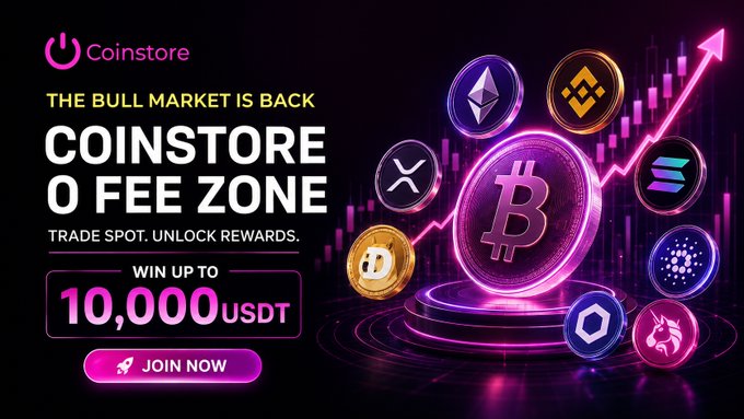 A Coinstore cryptocurrency promotional banner reading 'THE BULL MARKET IS BACK' and 'COINSTORE 0 FEE ZONE,' with text 'WIN UP TO 10,000 USDT' and 'JOIN NOW,' surrounded by glowing crypto coin icons.