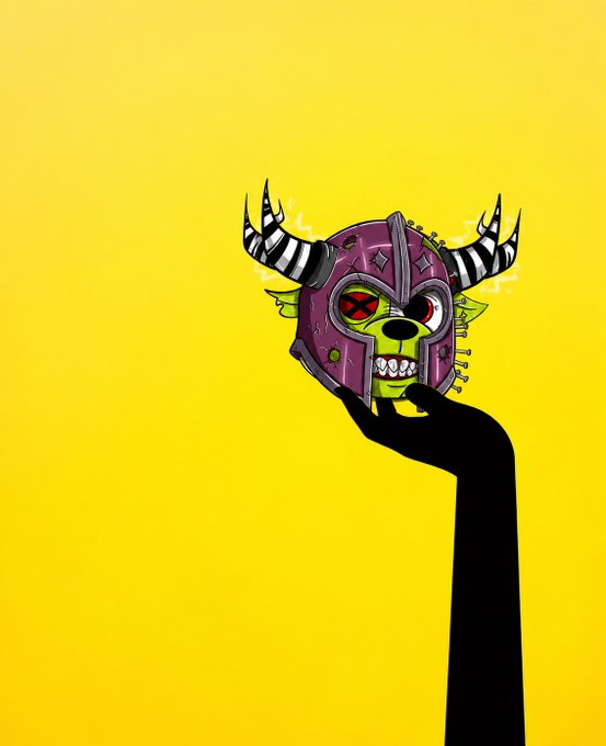 A colorful illustration on a yellow background showing a black hand holding up a demonic horned mask with a green skull face and a red X over one eye.