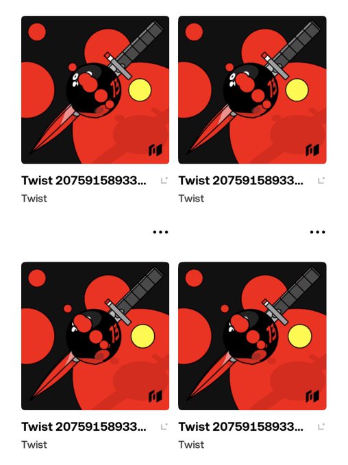 Four identical NFT listings titled "Twist" with the token ID "20759158933..." show a black spherical character with red accents impaled by a red spike and a katana against a red and black background.