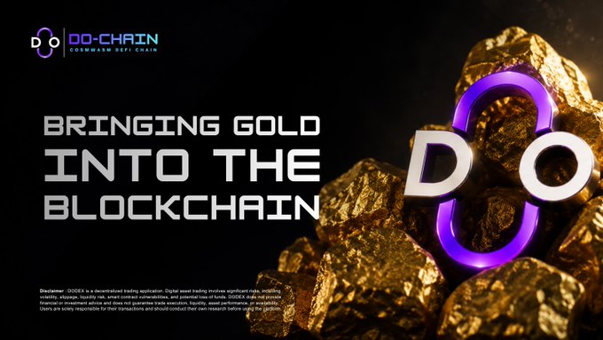 A promotional banner for 'DO-CHAIN COLDWARM DEFI CHAIN' with the headline 'BRINGING GOLD INTO THE BLOCKCHAIN' next to gold nuggets and a purple 'DO' logo, accompanied by a disclaimer paragraph at the bottom.