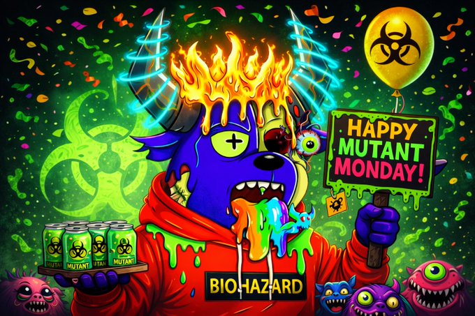 A colorful cartoon illustration featuring a blue mutant creature with flaming horns holding a 'HAPPY MUTANT MONDAY!' sign, surrounded by biohazard symbols and smaller monsters, with 'BIOHAZARD' text at the bottom.