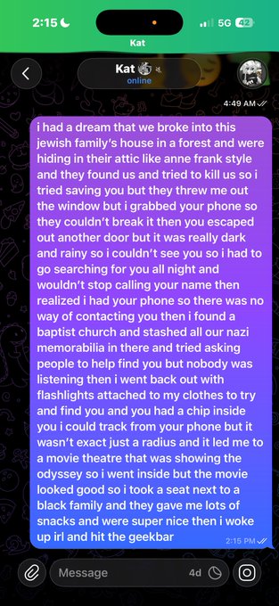 The captured image shows a phone screen displaying a conversation with a user named "Kat." The conversation is a long text message describing a surreal dream.