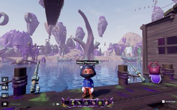 A video game screenshot featuring a character named 'MissyTherwyn' with an alien-like avatar standing on a wooden dock, with a purple-hued swamp landscape in the background.