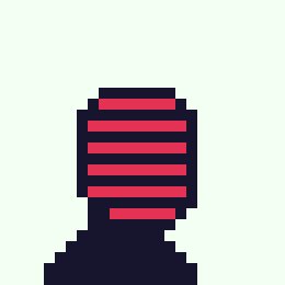 A pixel art image of a dark blue and red microphone against a light background.