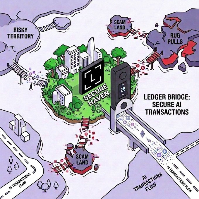 A conceptual illustration depicting a 'Secure Haven' connected by a 'Ledger Bridge' for secure AI transactions, surrounded by areas labeled 'Risky Territory,' 'Scam Land,' and 'Rug Pulls.'