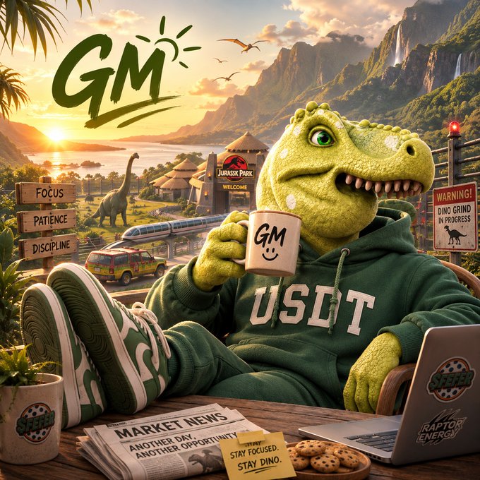 A whimsical illustration of a green dinosaur wearing a 'USDT' hoodie, holding a 'GM' mug, seated at a desk with a laptop, with a 'Jurassic Park' sign and tropical scenery in the background.