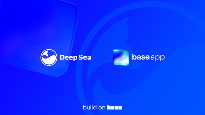 A blue graphic displays the logos for "DeepSea" and "baseapp" separated by a vertical line, reinforcing the announcement of their partnership. The bottom of the image features the phrase "build on" followed by the Base logo.