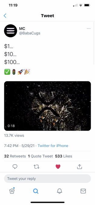 A screenshot of a tweet from MC (@BabaCugs) showing escalating dollar amounts ($1, $10, $100) followed by celebration emojis and a fireworks video, implying a hopeful progression toward XRP reaching $100. The tweet's visual symbolism of fireworks aligns with the post's optimistic question about XRP hitting $100.