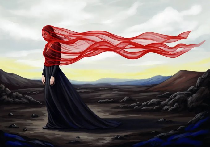 An artistic painting of a woman in a long black dress with a flowing red scarf standing in a barren, rocky landscape beneath a cloudy sky.
