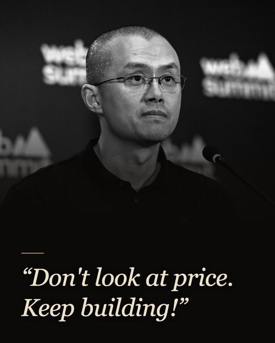 A black-and-white photo of a man at a Web Summit event with the quote "Don't look at price. Keep building!" displayed below.