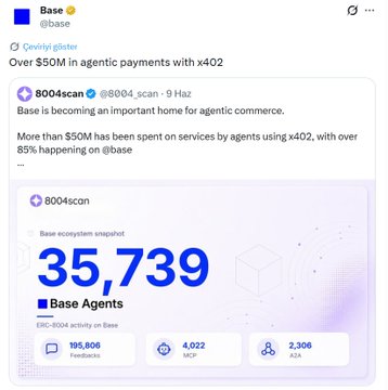 A social media post from Base (@base) about agentic payments featuring a 8004scan snapshot showing '35,739 Base Agents' and noting 'Over $50M in agentic payments with x402'.